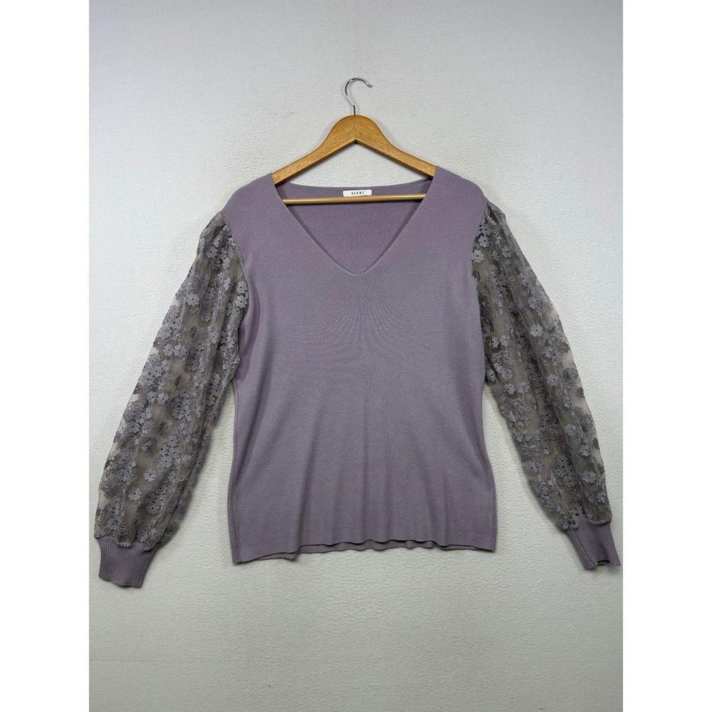 Romantic Cottagecore Sioni Womens XL Lavender Lace Sleeve V-Neck Ribbed Sweater
